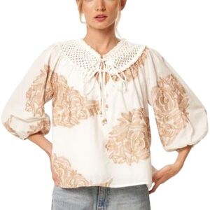 Embroidered Crochet Yoke Puff Sleeve Blouse - Cream with Tan Embroidery